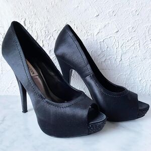 Steve Madden Platform Pumps Heels 8.5 Feelixx Black Satin Rhinestones Peep Toe